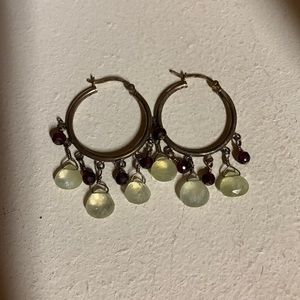 Silver hoops: semi-precious stones in pale citrine-green color& garnet-red.